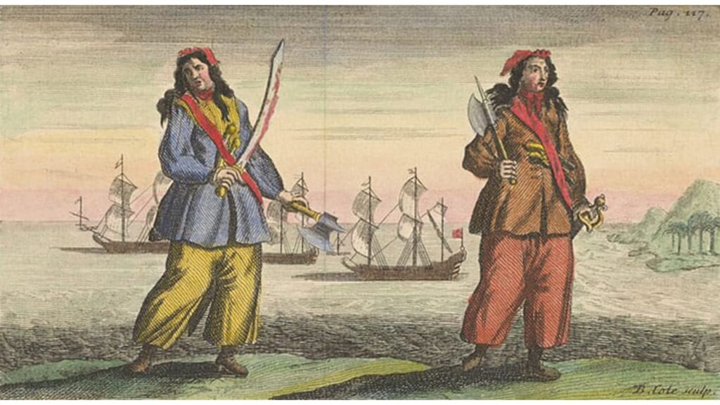 Artistic illustration of Mary Read and Anne Bonny dressed in pirate attire.