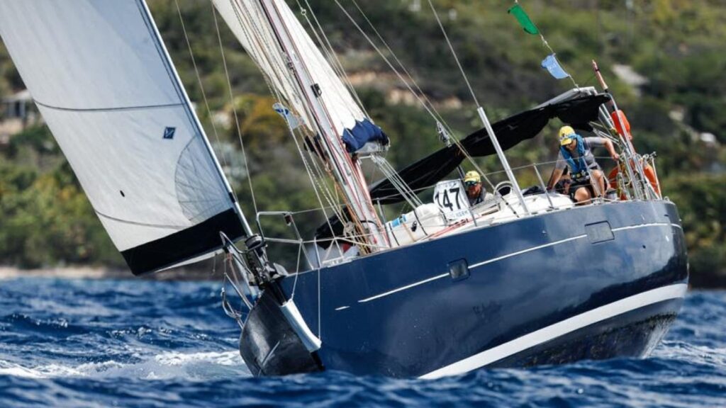 SAILBOAT HEELED OVER IN THE WIND