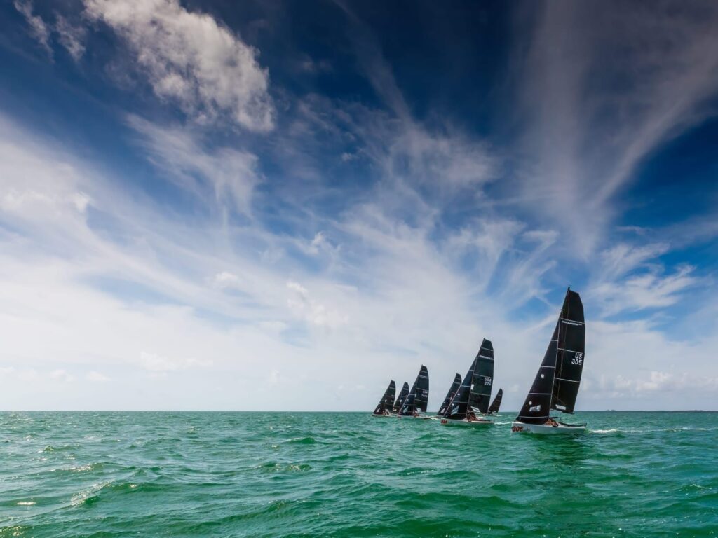 Fleet of black-sailed boats racing offshore