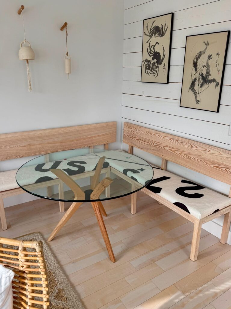 Sail cloth table runner/bench seat in dining room