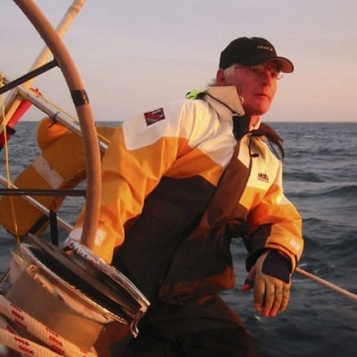Capt. Kris at Mackinac Race on Maxi Racer